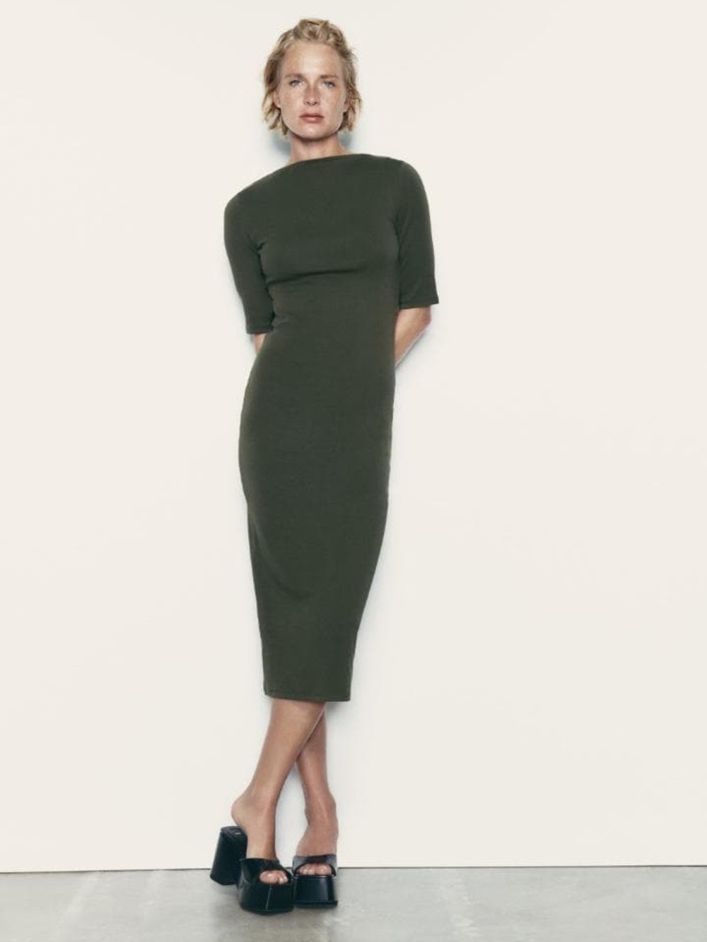 Zara Olive Cotton Midi Sheath Dress